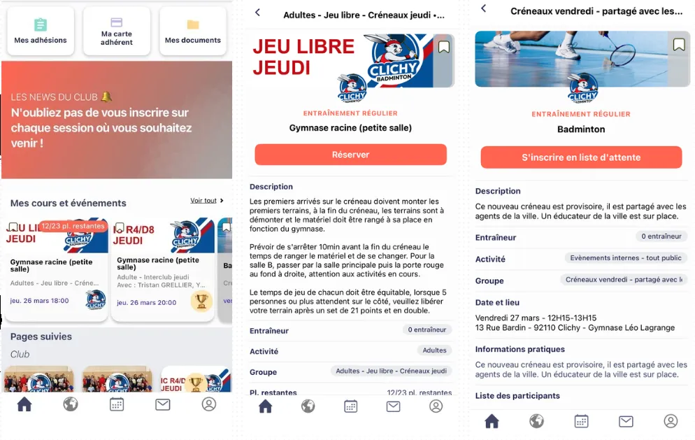 Trois écrans de l’application MonClub : accueil, créneau du jeudi et liste d’attente